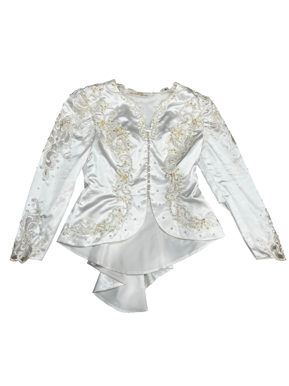 Bridal Originals Vintage White Satin Beaded Lace Embroidered Long Sleeve Top